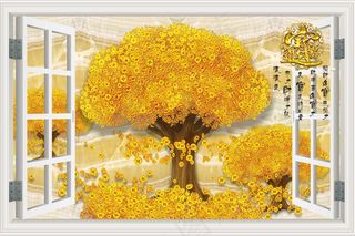*发财树大理石3D立体电视背景墙...