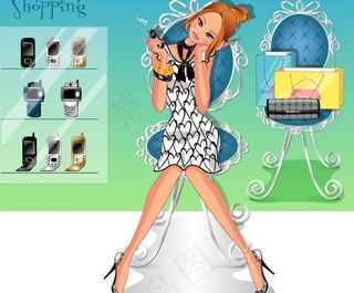 韩国流行的可爱购物女孩插画矢量素材