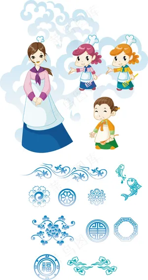 4款韩国人物和花纹设计矢量素材