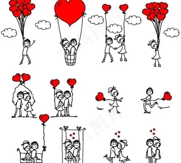 情人节爱心和甜蜜情侣矢量图片
