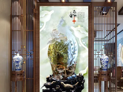 家和富贵玉雕孔雀凤凰玄关背景墙