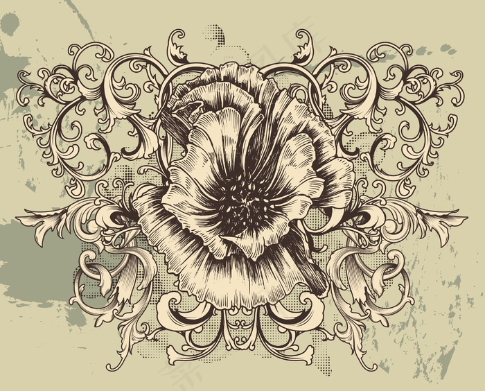 旧货花卉背景与芙蓉矢量插画eps,ai矢量模版下载