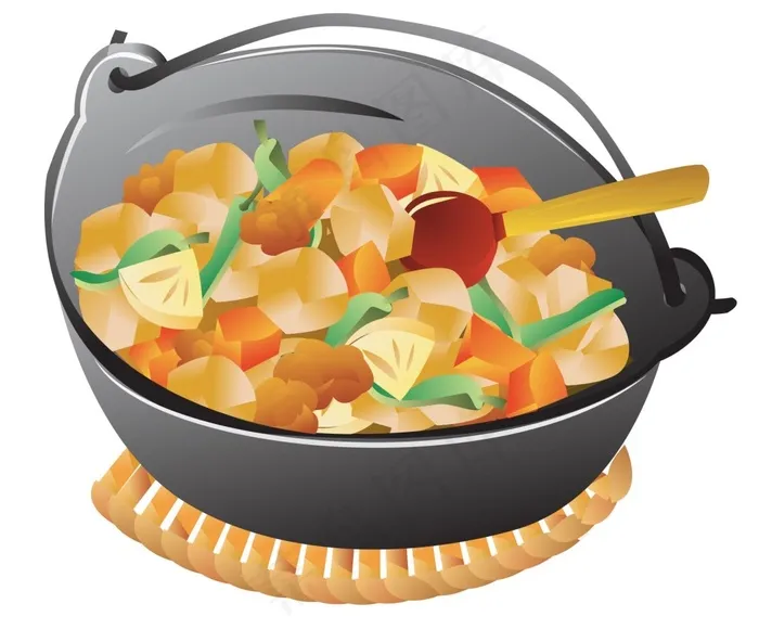 手绘铁锅炒菜元素