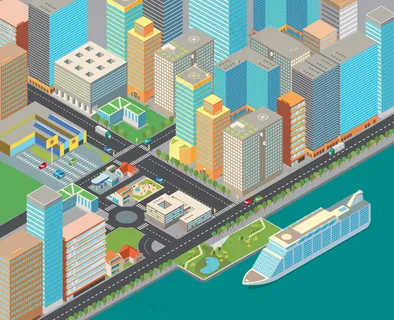 卡通城市房子轮船图形图案素材