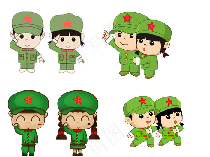 可爱卡通军人情侣小人矢量素材