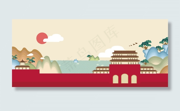 古代城墙楼阁图片ai矢量模版下载