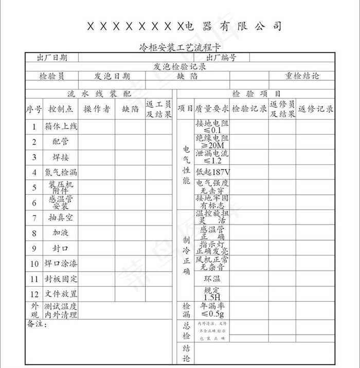 冷柜安装工艺流程卡图片cdr矢量模版下载