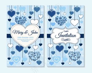 蓝色心形花纹婚礼贺卡模板下载