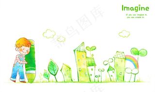 手绘 男孩蜡笔画春天