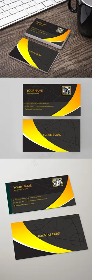 金色现代简约二维码名片模板PSD