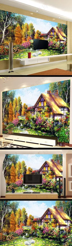 村庄风景油画电视背景墙设计
