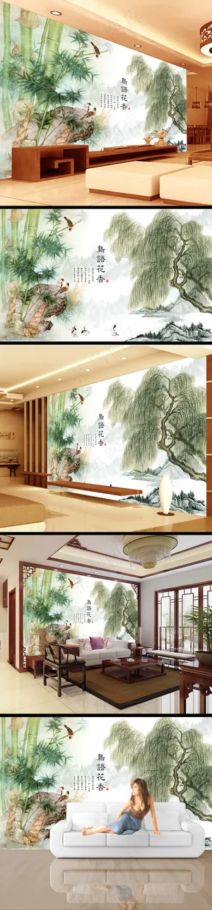 江南水乡风景画柳树背景墙