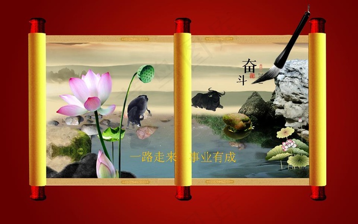 锐得2011国画卷轴春节PPT模板