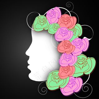 三八妇女节贺卡或海报以丰富多彩的玫瑰装饰的黑色背景的女孩的脸插画设计
