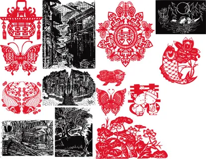 春节元宵结婚剪纸版画风景