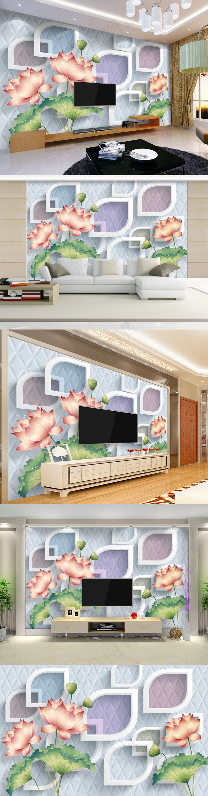 简约荷花绽放立体3D电视背景墙壁画...