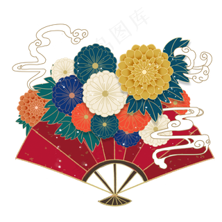 国潮风格扇上生花,免抠元素