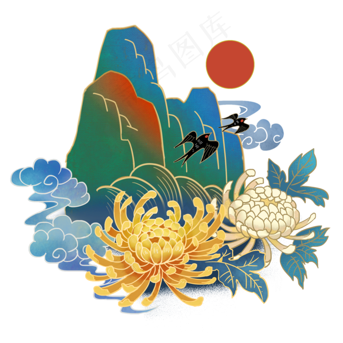 国潮风复古山峦菊花,免抠元素