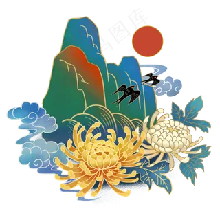 国潮风复古山峦菊花,免抠元素
