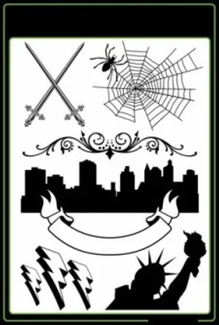 剑蜘蛛城市剪影闪电自由女神像和其他...