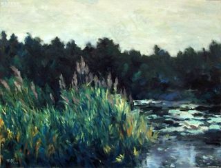 河流水草油画素材