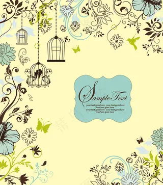 花朵鸟笼卡通请柬背景矢量素材
