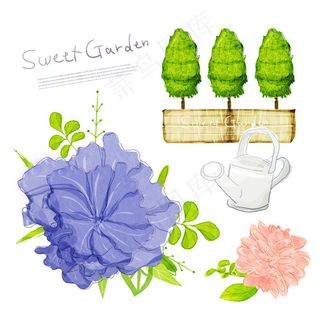 花朵绿叶树木与洒水壶PSD分层素材