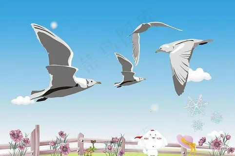 蓝天白云 鸟语花香 卡通风景...