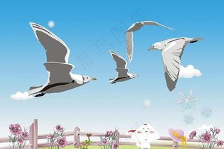 蓝天白云 鸟语花香 卡通风景...