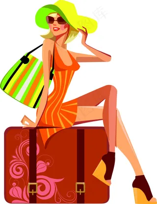 坐旅行箱上的女郎