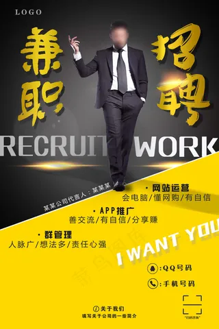 大气兼职招聘海报有代言人真人海报