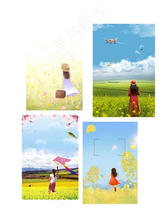 清新少女背景油菜花春天风景插画海报...