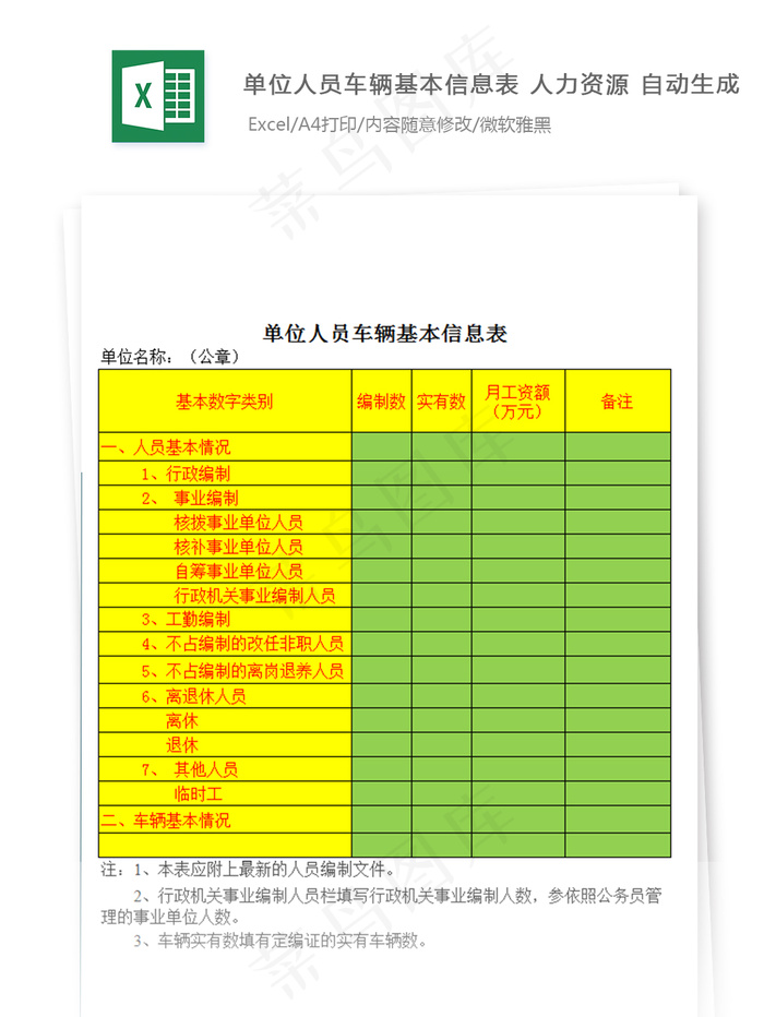 单位人员车辆基本信息表 人力资源 ...