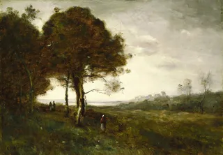 草地上的绿树油画图片