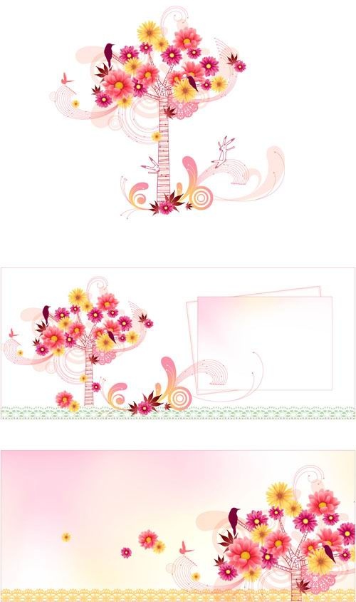 彩绘花树兔子小鸟背景矢量图