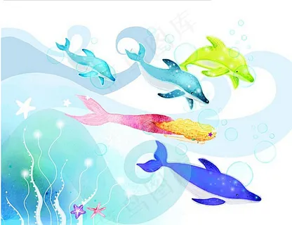 海底彩色鱼群插画图片