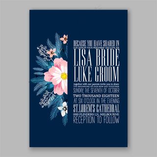 蓝底背景粉色花朵婚礼请贴图片