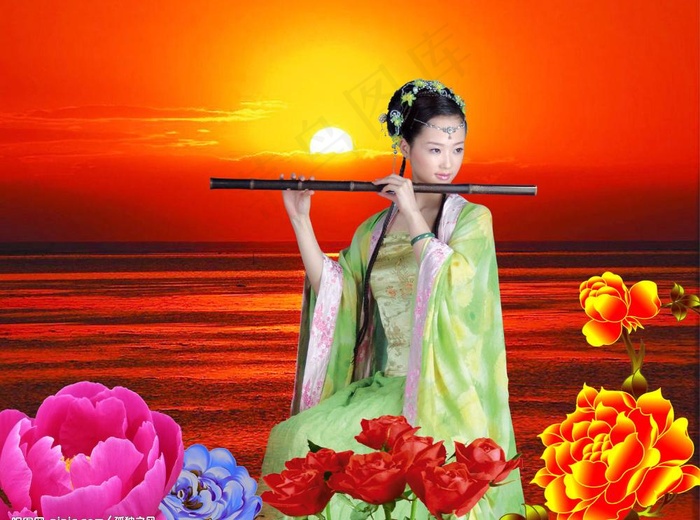 古典美女与花图片psd模版下载