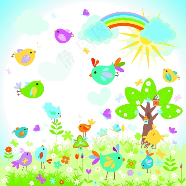 矢量卡通春天背景花草素材