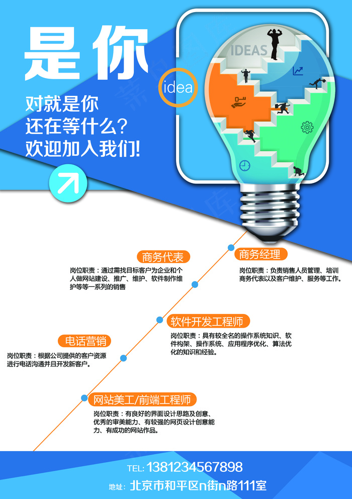 时尚蓝色创意公司招聘诚聘海报宣传单psd模版下载