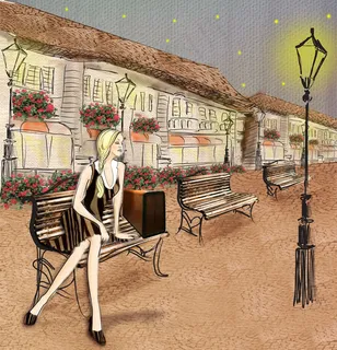手绘长椅上的女郎psd素材
