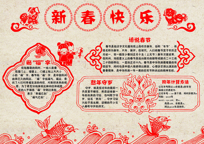 2018喜庆剪纸新春快乐小报春节手...psd模版下载