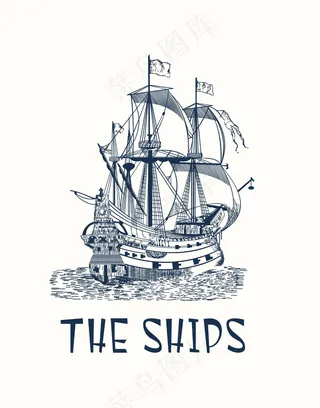 帆船手绘帆船航海元素海上交通工具