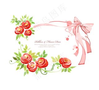 红花绿叶与粉色的丝带PSD分层素材