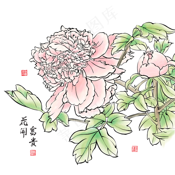 书法艺术的中国牡丹平移向量的水墨画...eps,ai矢量模版下载