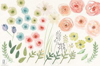 手绘水彩水墨花朵树叶花环png免扣...