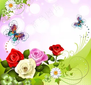 梦幻花朵蝴蝶 春天背景图片