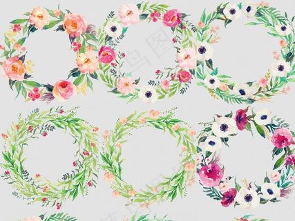 森系花草树叶手绘花朵花卉花环透明免...