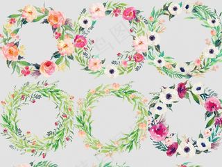 森系花草树叶手绘花朵花卉花环透明免...