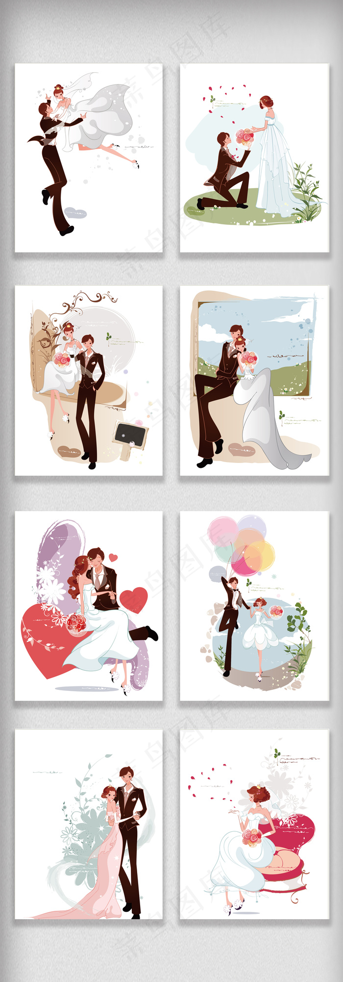 浪漫时尚手绘婚礼新郎新娘矢量素材